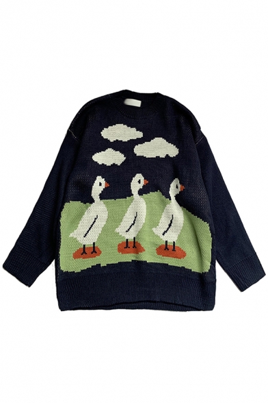 Girls Loose Fit Cute Three Ducks Printed Long Sleeve Navy Blue Pullover Sweater