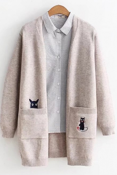Leisure Womens Cardigan Cat Cartoon Embroidered Rib-Knitted Trim Open Front Long-sleeved Regular Fitted Cardigan