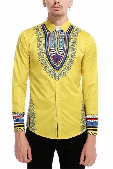 Mens Simple Tribal Pattern Panel Long Sleeve Single Breasted Slim Fitted Button Up Shirt