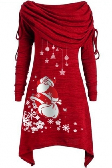 MERRY CHRISTMAS Letter Bow Floral print Off The Shoulder Long Sleeve Slim Mini Asymmetric Dress