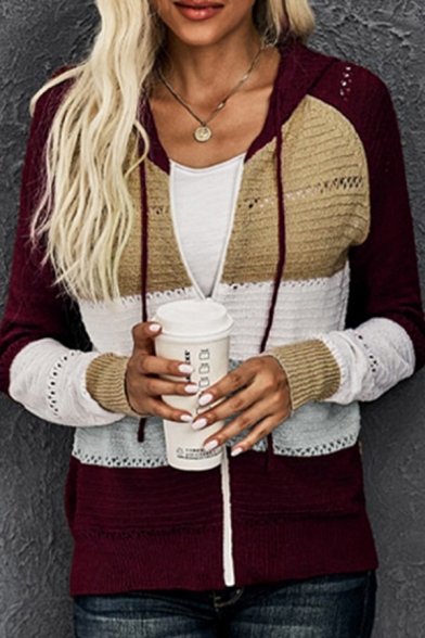 Novelty Womens Cardigan Color Block Zipper Fly Drawstring Loose Fit Long Sleeve Knitted Hoodie