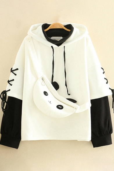 Novelty Womens Hoodie Color Block Fake Two Pieces Drawstring Loose Fit Long Lace-up Sleeve Hoodie