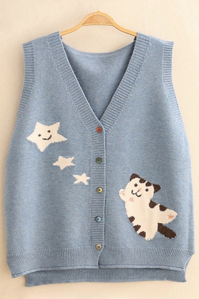 Novelty Womens Sweater Vest Cat Star Embroidered Split Hem Button 