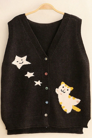 Novelty Womens Sweater Vest Cat Star Embroidered Split Hem Button down Regular Fit V Neck Sleeveless Vest