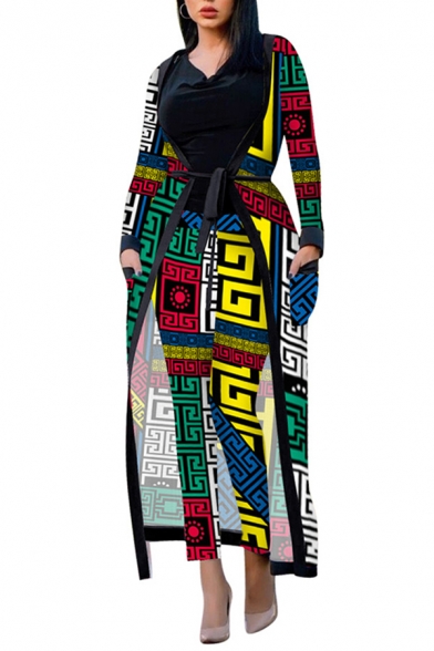 Novelty Womens Two Piece Set Greek Meander Plaid Newspaper Abstract Camo Print Belt Long Sleeve Open Front with 7/8 Length Pencil Pants