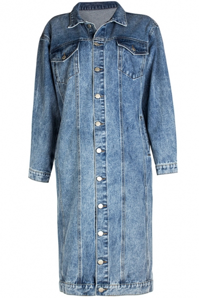 Retro Womens Coat Faded Wash Flap Chest Pockets Button up Turn-down Collar Regular Fit Long Sleeve Mid-Length Denim Coat