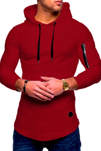 Stylish Men's Tee Top Solid Color Zipper Pocket Asymmetrical Hem Long Sleeves Slim Fitted Hooded T-Shirt