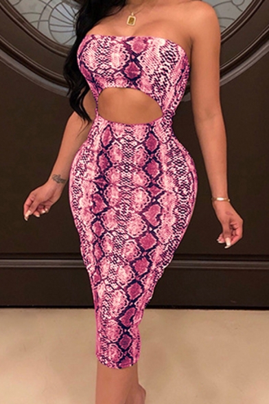 Stylish Women's Bodycon Dress Animal Snake Skin Leopard Pattern Hollow out off the Shoulder Slim Fitted Midi Bodycon Dress