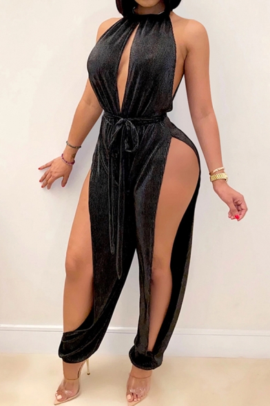 Stylish Women's Jumpsuit Solid Color Velvet Drawstring Detail Hollow out Round Neck Sleeveless Regular Fitted Jumpsuit