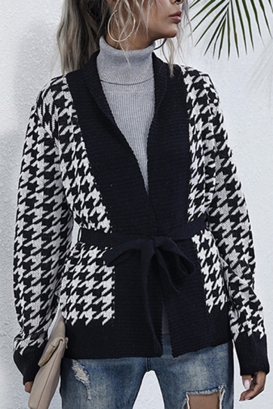 Trendy Women's Cardigan Houndstooth Pattern Contrast Trim Belted Open Front Long Sleeves Regular Fitted Cardigan