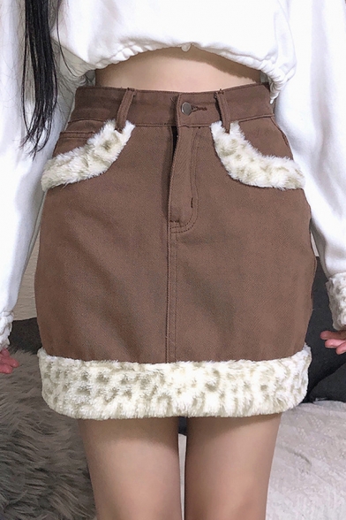 Trendy Women's Skirt Patchwork Contrast Hem Leopard Print Pocket Design High Waist Straight Short Denim Skirt
