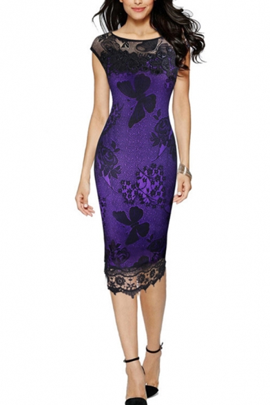 Unique Womens Dress Embroidered Lace Cap Sleeve Invisible Zipper Back Knee Length Slim Fitted Round Neck Pencil Dress