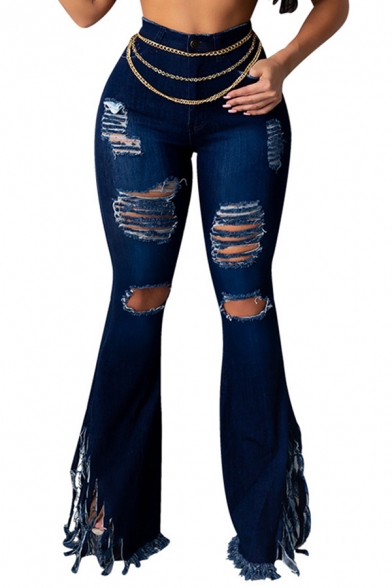 Unique Womens Jeans Medium Wash Ripped Fringe Hem Zipper Fly Regular Fit Long Bootcut Jeans