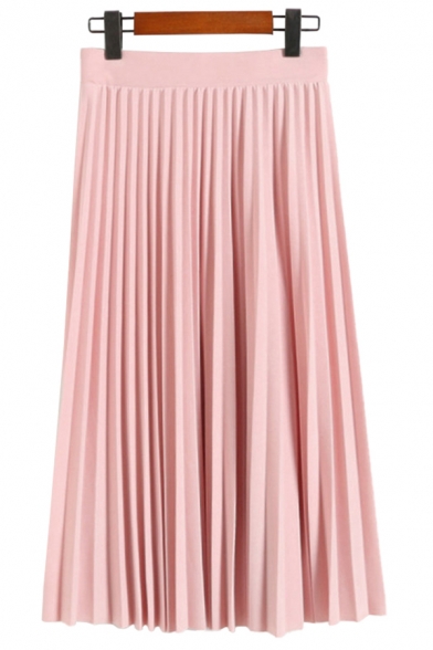 Vintage Womens Skirt Solid Color Chiffon Waist-Controlled Mid Rise Midi A-Line Pleated Skirt