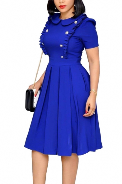 Womens Dress Fashionable Solid Color Ruffle Pleated Button Decoration Knee Length Slim Fitted Ingot Collar Short Sleeve Flare Dress