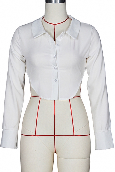 Womens Shirt Chic Solid Color Cut-out Detail Button up Turn-down Collar Cropped Slim Fit Long Sleeve Shirt
