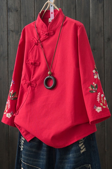 Womens Shirt Stylish Flower Embroidery Slant Frog Button down Loose Fit Long Sleeve Mandarin Collar Shirt