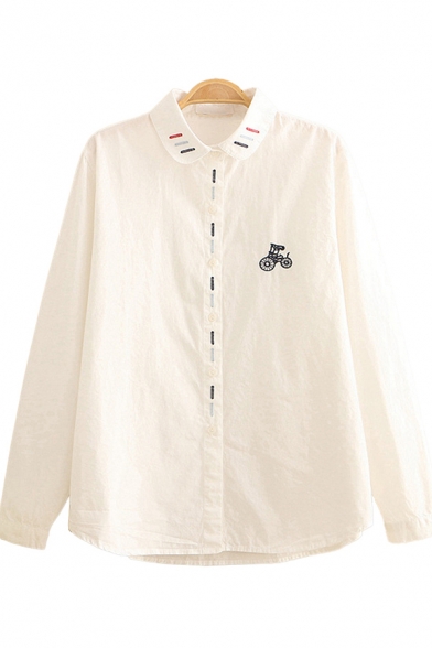 Womens Shirt Trendy Bike Stripe Embroidered Button down Long Sleeve Ingot Collar Loose Fit Shirt