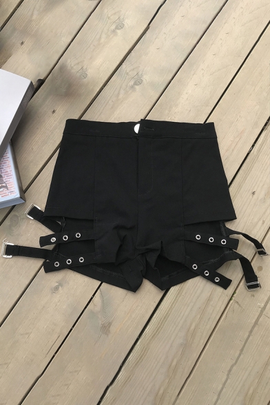 Womens Short Shorts Fashionable Plain Cut-out Buckle Decorated Zipper Fly Slim Fitted Relaxed Shorts