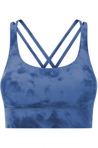 Womens Sport Cami Top Unique Tie Dye Plain Cross Beauty Back Shake-Proof Cropped Sleeveless Strap Slim Fitted Yoga Bra