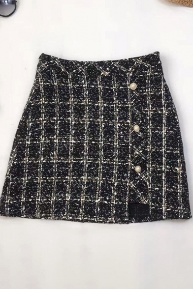 8 Novelty Womens Skirt Plaid Print Pearl Button Side Single Breasted Anti-Emptied Tweed Mini High Waist Bodycon Skirt