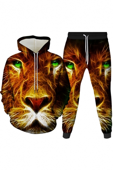 Basic Mens 3D Co-ords Lion Head Cat Pattern Slim Fitted 7/8 Length Tapered Pants Long Sleeve Hoodie Jogger Co-ords