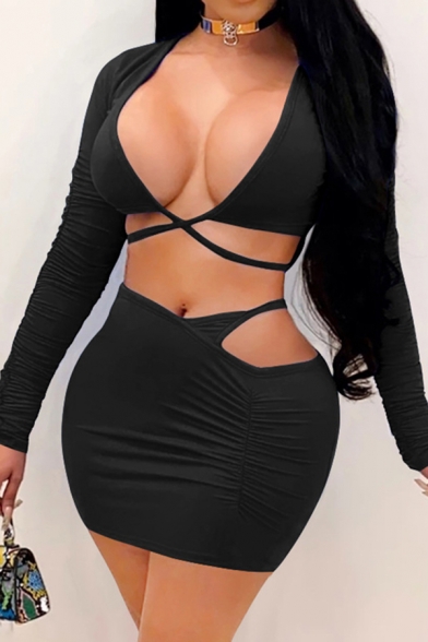 Basic Women's Set Solid Color Hollow out V Neck Long Sleeves Slim Fitted Cropped Top with Ruched Skirt Two Piece Set
