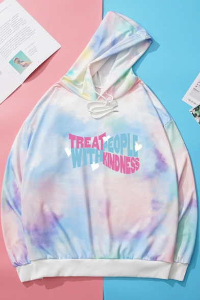 Basic Womens Hoodie Tie Dye Letter Treat People with Kindness Print Drawstring Long Sleeve Relaxed Fitted Hooded Sweatshirt