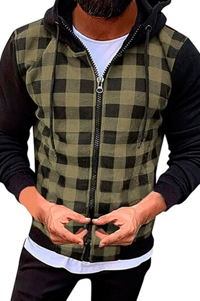 Casual Men's Jacket Contrast Plaid Pattern Side Pockets Zipper down Long Sleeves Regular Fitted Drawstring Hooded Jacket