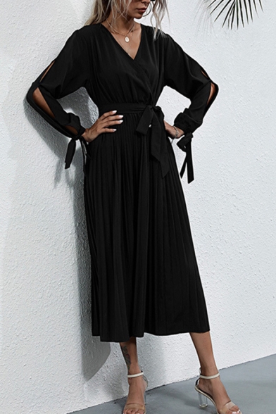 Casual Women's Shirt Dress Solid Color Hollow out Tie Detail Pleated V Neck Long Sleeves Regular Fitted Midi Shirt Dress