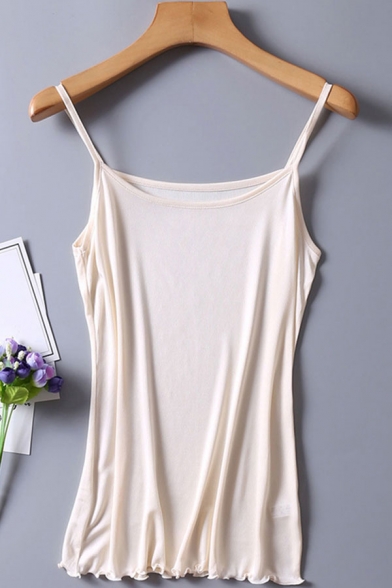 Casual Women's Tank Top Strap Solid Color Lettuce Trim Detail Round Neck Sleeves Fitted Cami Top