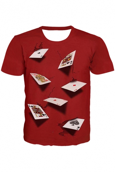 Cool Unique 3D Poker Pattern Men's Short Sleeve Regular-Fit Red T-Shirt