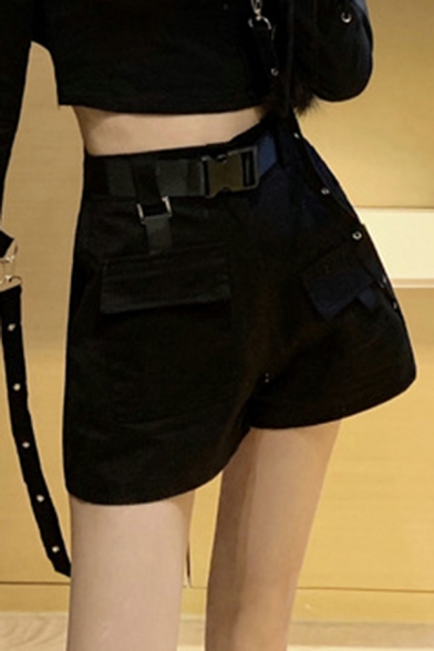 Cool Women's Shorts Solid Color Flap Pockets High Waist Regular Fitted Straight Shorts with Buckle Belt