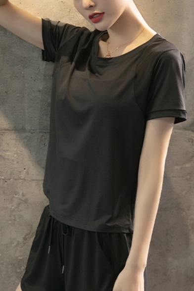 Creative Womens Sport T-Shirt Split Back Hem Quick Dry Short Raglan Sleeve Round Neck Regular Fitted Tee Top