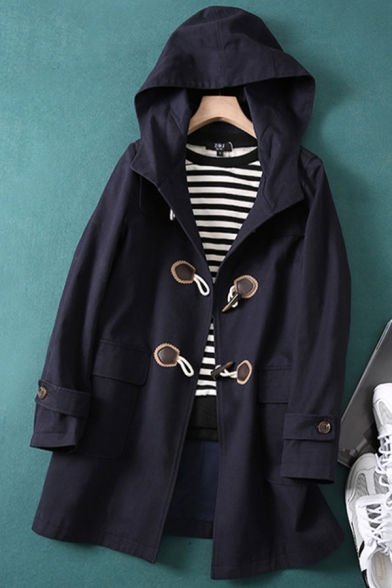 Elegant Women's Coat Plain Horn Button Flap Pockets Hooded Long Sleeves Relaxed Fitted Trench Coat
