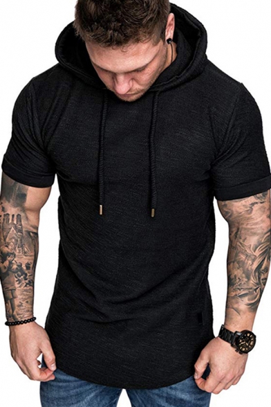 Fancy Men's Tee Top Solid Color Roll up Short Sleeves Drawstring Hooded Regular Fitted T-Shirt