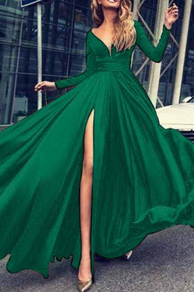 Fancy Women's A-Line Dress Solid Color Pleated Front Slit V Neck Long Sleeves Regular Fitted Long A-Line Dress