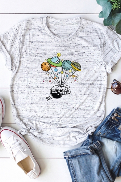 Fancy Women's Tee Top Planets Astronaut Printed Rolled Cuffs Round Neck Short Sleeves Regular Fitted T-Shirt