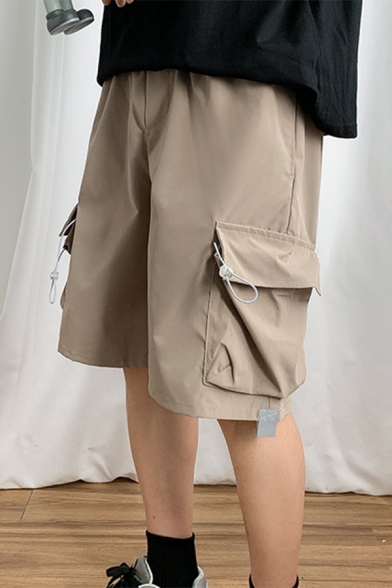 Guys Summer Basic Plain Cotton Loose Wide-Leg Relaxed Fit Cargo Shorts