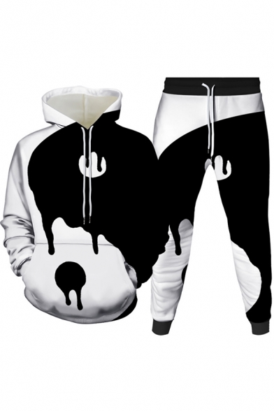 Mens 3D Co-ords Unique Cat Ying-Yang Figure Galaxy Brush Stroke Pattern Long Sleeve Hoodie Ankle Length Tapered Pants Slim Fit Jogger Co-ords