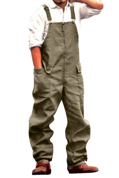 Mens Cargo Pants Fashionable Plain Flap Pockets Full Length Loose Fit Straight Overall Pants