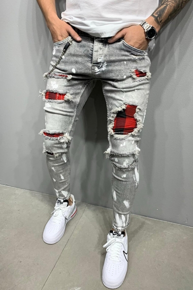 Mens Jeans Stylish Splatter Pattern Light Wash Ripped Checkered-Patchwork Zipper Fly Slim Fit 7/8 Length Tapered Jeans