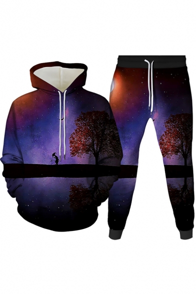 Novelty Mens Co-ords 3D Landscape Spiral Flower Hand Galaxy Tree Pattern Long Sleeve Hoodie Ankle Length Tapered Pants Slim Fit Jogger Co-ords