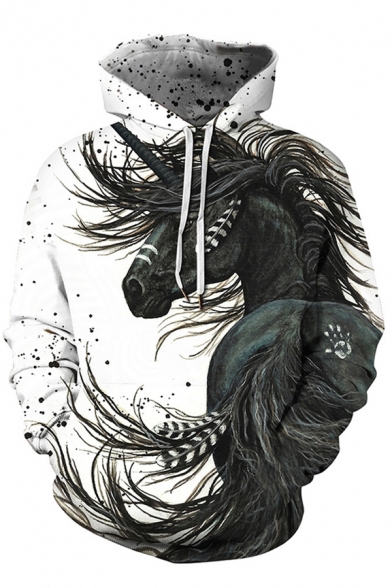 Novelty Mens Hoodie Skull Head Fire Dreamcatcher Moon Sun Ying-Yang Lion Splatter Unicorn Print Drawstring Long Sleeve Slim Fit Hooded Sweatshirt