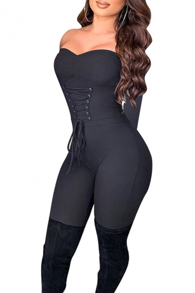 Novelty Womens Jumpsuit Plain Rib Knit Lace-up Corset Waist Long Sleeve off Shoulder Skinny Fitted Jumpsuit