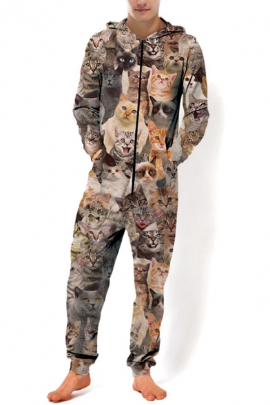 Popular Cartoon Cat 3D Printed Long Sleeve Hooded Zip Up Khaki Jumpsuits for Men