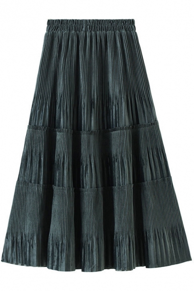 Retro Womens Skirt Pleuche Pleated Frill Trim Panel Midi High Elastic Waist A-Line Skirt