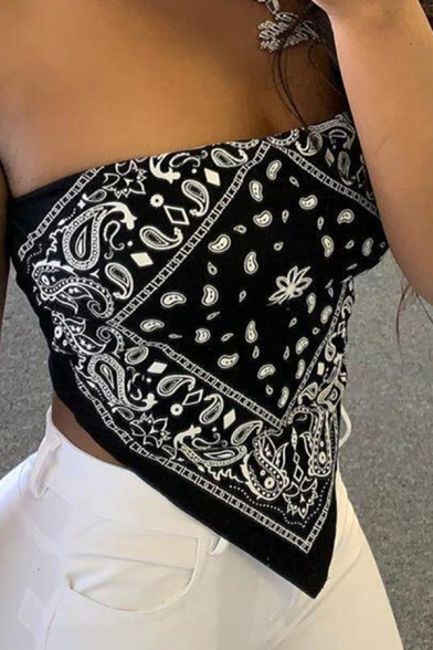 Stylish Women's Tank Top Paisley Pattern Asymmetrical Hem Backless off the Shoulder Sleeveless Slim Fitted Cami Top