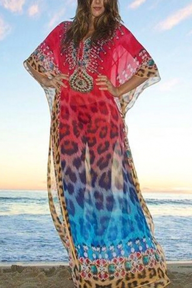 Tribal Style Women's Dress Contrast Panel Jewelry Leopard Printed Batwing Sleeves V Neck Long Tribal Dress