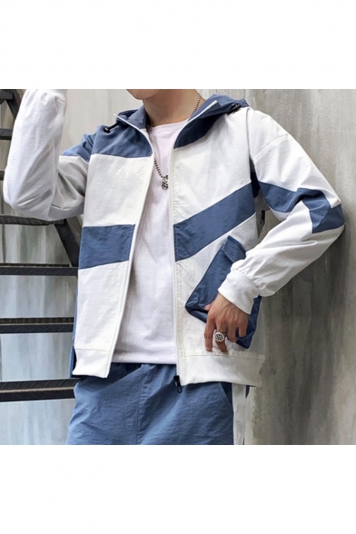 Unique Colorblock Printed Long Sleeve Hooded Zip Up Track Jacket for Men